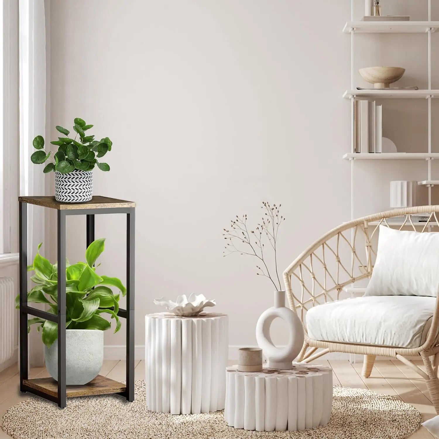 2-Tier Metal Plant Stand, Modern Wooden Corner Flower Pot Holder, Indoor Square Shelf Display Rack