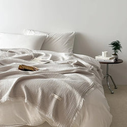 4-Layer 100% Cotton Gauze Blanket - Solid Color Sofa Throw with Tassel Trim, Multipurpose Lightweight Coverlet for Bed, Couch