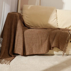 Chinese-Style Knitted Throw for Sofa or Bed, Brown Herringbone Pattern, with Tassels, Thin Summer Blanket