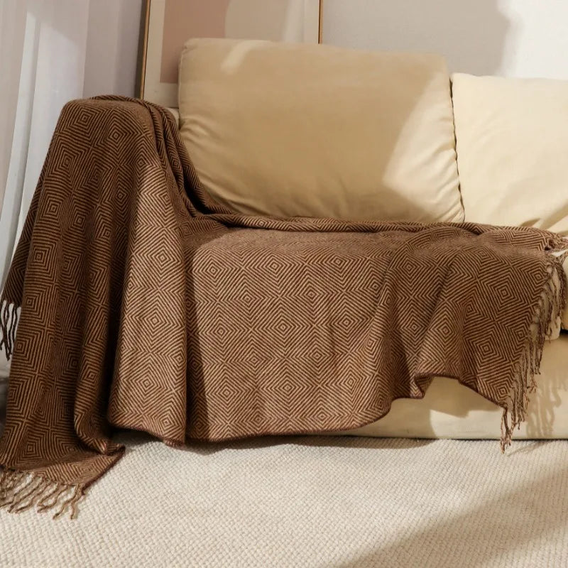 Chinese-Style Knitted Throw for Sofa or Bed, Brown Herringbone Pattern, with Tassels, Thin Summer Blanket