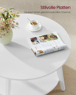 VASAGLE Coffee Table, 2-Tier Living Room Table, ∅ 80 x 45 cm, Easy to Assemble, Snow White