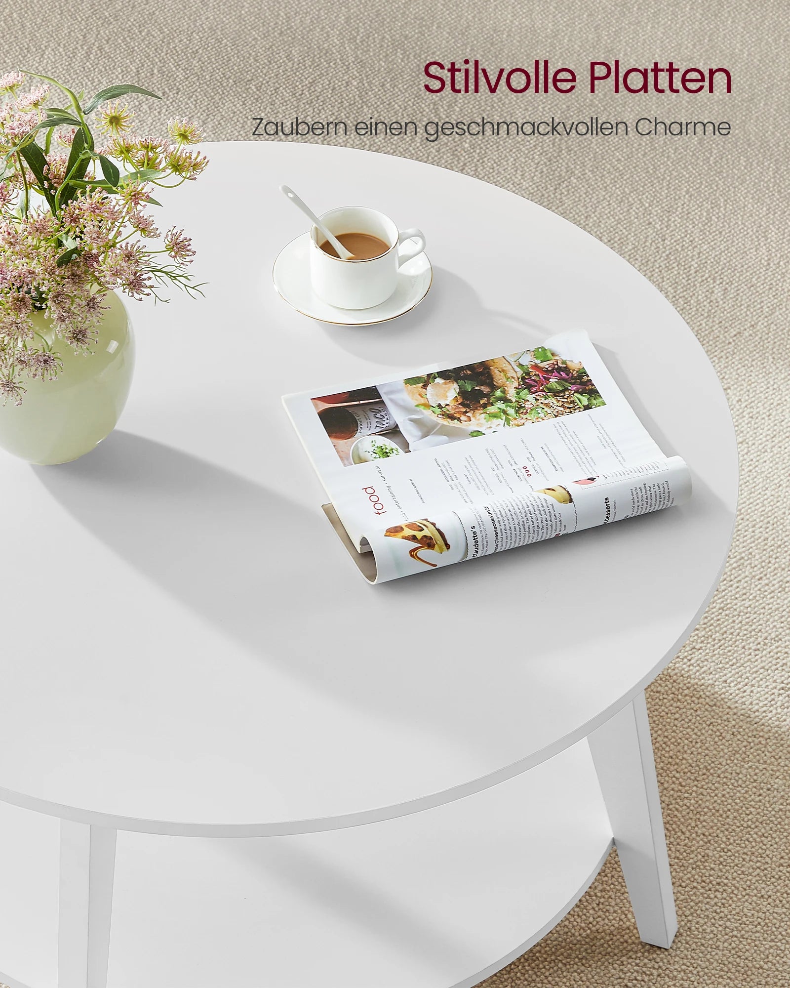 VASAGLE Coffee Table, 2-Tier Living Room Table, ∅ 80 x 45 cm, Easy to Assemble, Snow White