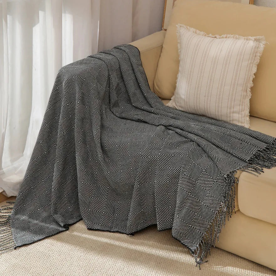 Chinese-Style Knitted Throw for Sofa or Bed, Brown Herringbone Pattern, with Tassels, Thin Summer Blanket