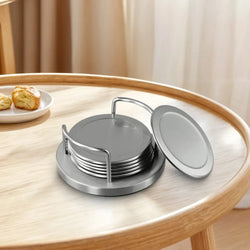 6 Pieces Durable Round Stainless Steel Coaster Silver Non-slip Heat Insulation Mat with Storage Rack Thickened Cup Mat Gift