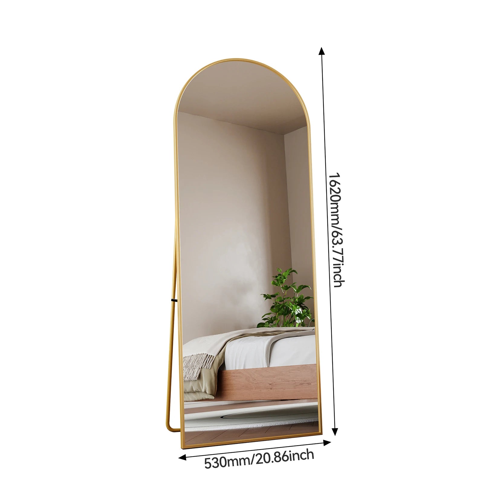 Anajqaqia Full-Length Tempered Glass Mirror, Curved Aluminum Frame, 162 x 53 cm, Adjustable Stand, Gold/Black