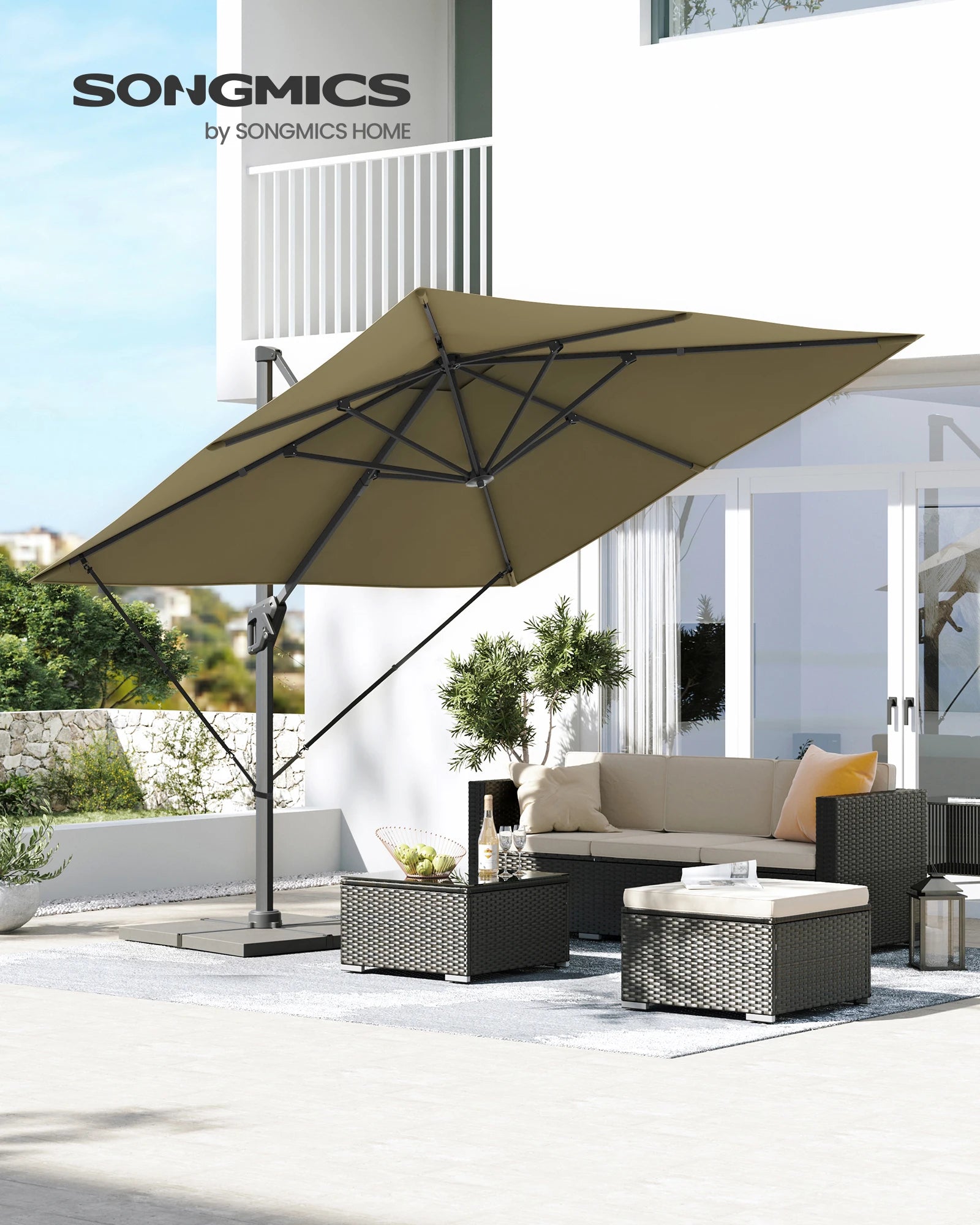 SONGMICS Parasol, 290 x 290 cm, UPF 50+, 360°, with Stand and Fastening Straps