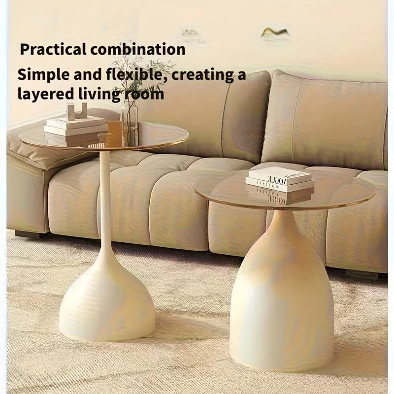 Modern Round Side Table with Tempered Glass Top and Metal Frame - Small Accent Table for Living Room or Bedroom