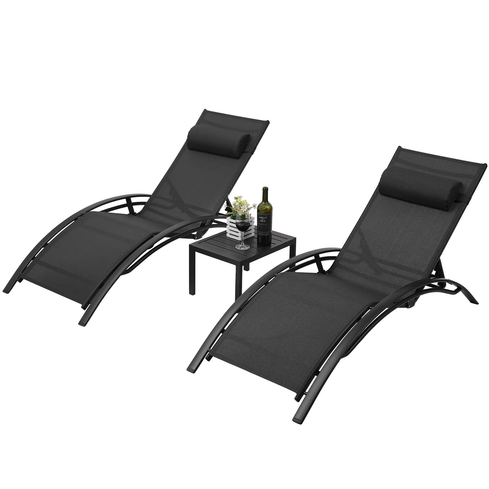 Aluminum Outdoor Lounge Chair with 5 Adjustable Positions + Table, 3-Piece Chaise Set for Pool, Garden, Beach, Camping and Backyard