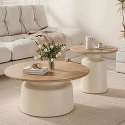 Modern Minimalist Nested Coffee Table， Wooden Top with Creamy Base, Round Accent Table for Living Room Home Decor