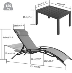 Aluminum Outdoor Lounge Chair with 5 Adjustable Positions + Table, 3-Piece Chaise Set for Pool, Garden, Beach, Camping and Backyard