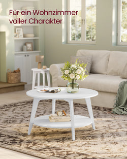 VASAGLE Coffee Table, 2-Tier Living Room Table, ∅ 80 x 45 cm, Easy to Assemble, Snow White