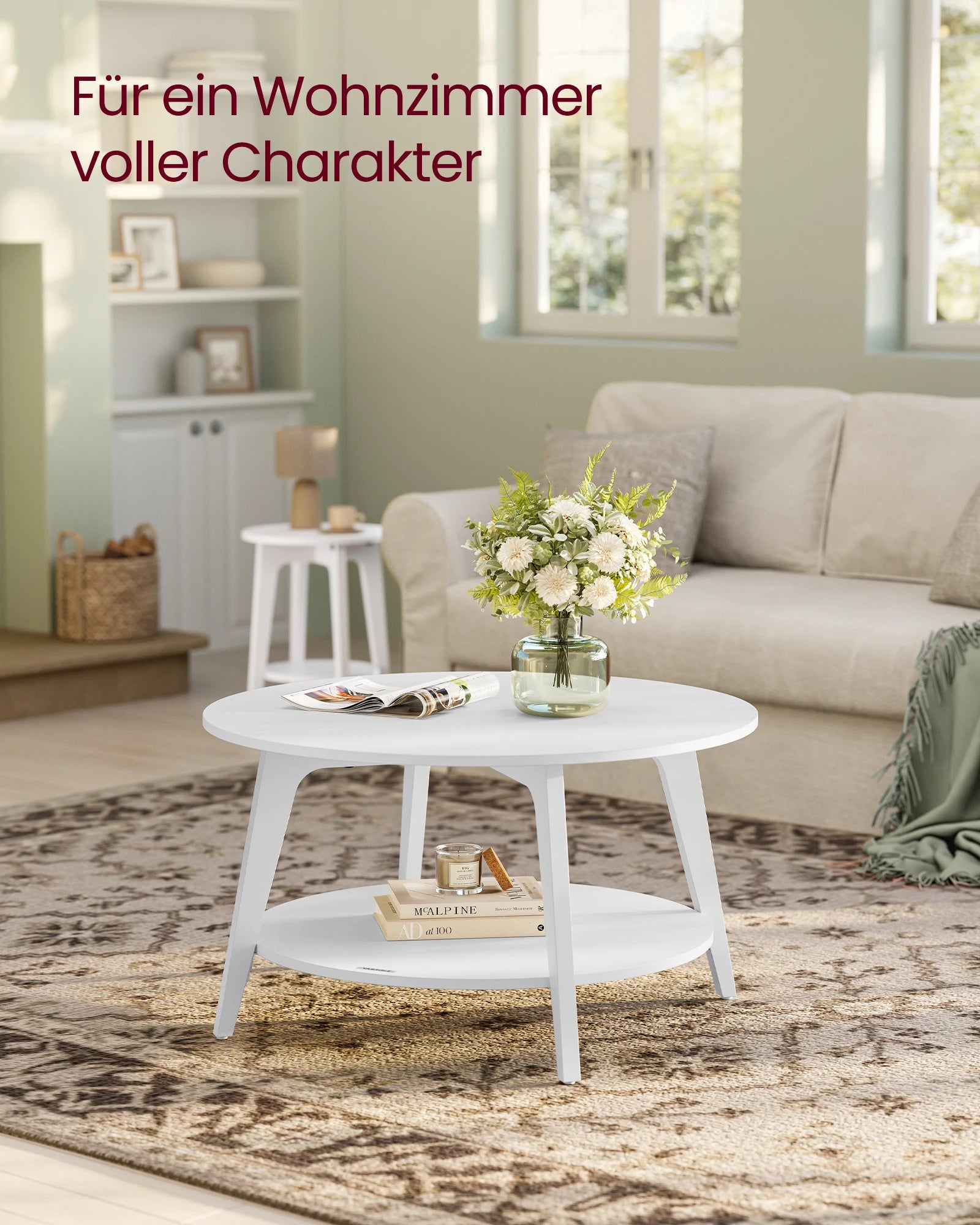 VASAGLE Coffee Table, 2-Tier Living Room Table, ∅ 80 x 45 cm, Easy to Assemble, Snow White