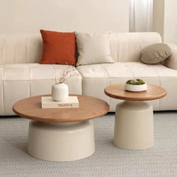 Modern Minimalist Nested Coffee Table， Wooden Top with Creamy Base, Round Accent Table for Living Room Home Decor