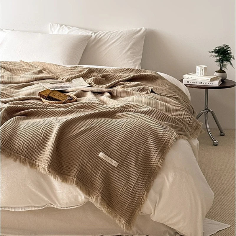 4-Layer 100% Cotton Gauze Blanket - Solid Color Sofa Throw with Tassel Trim, Multipurpose Lightweight Coverlet for Bed, Couch