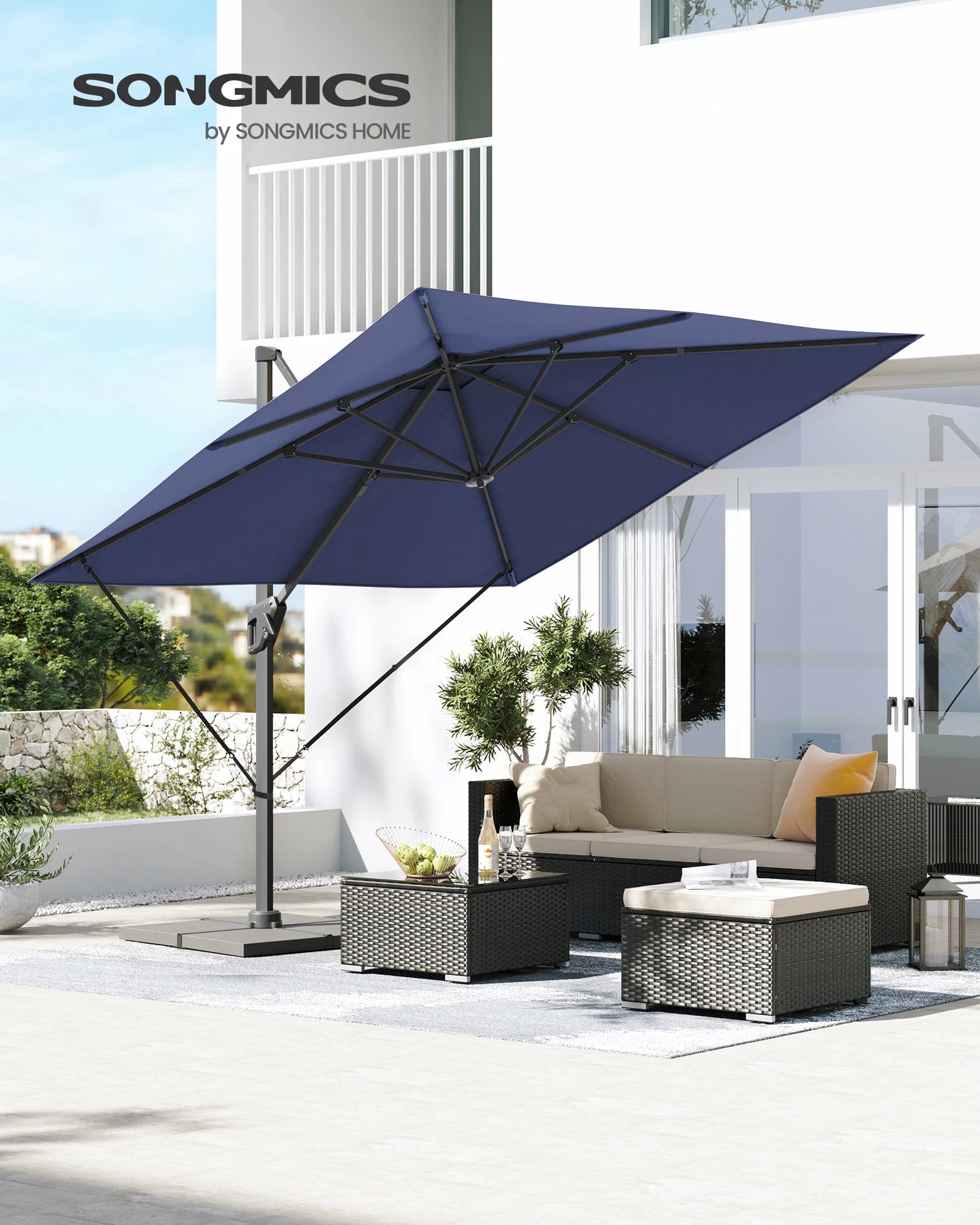 SONGMICS Parasol, 290 x 290 cm, UPF 50+, 360°, with Stand and Fastening Straps