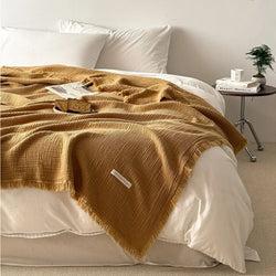 4-Layer 100% Cotton Gauze Blanket - Solid Color Sofa Throw with Tassel Trim, Multipurpose Lightweight Coverlet for Bed, Couch