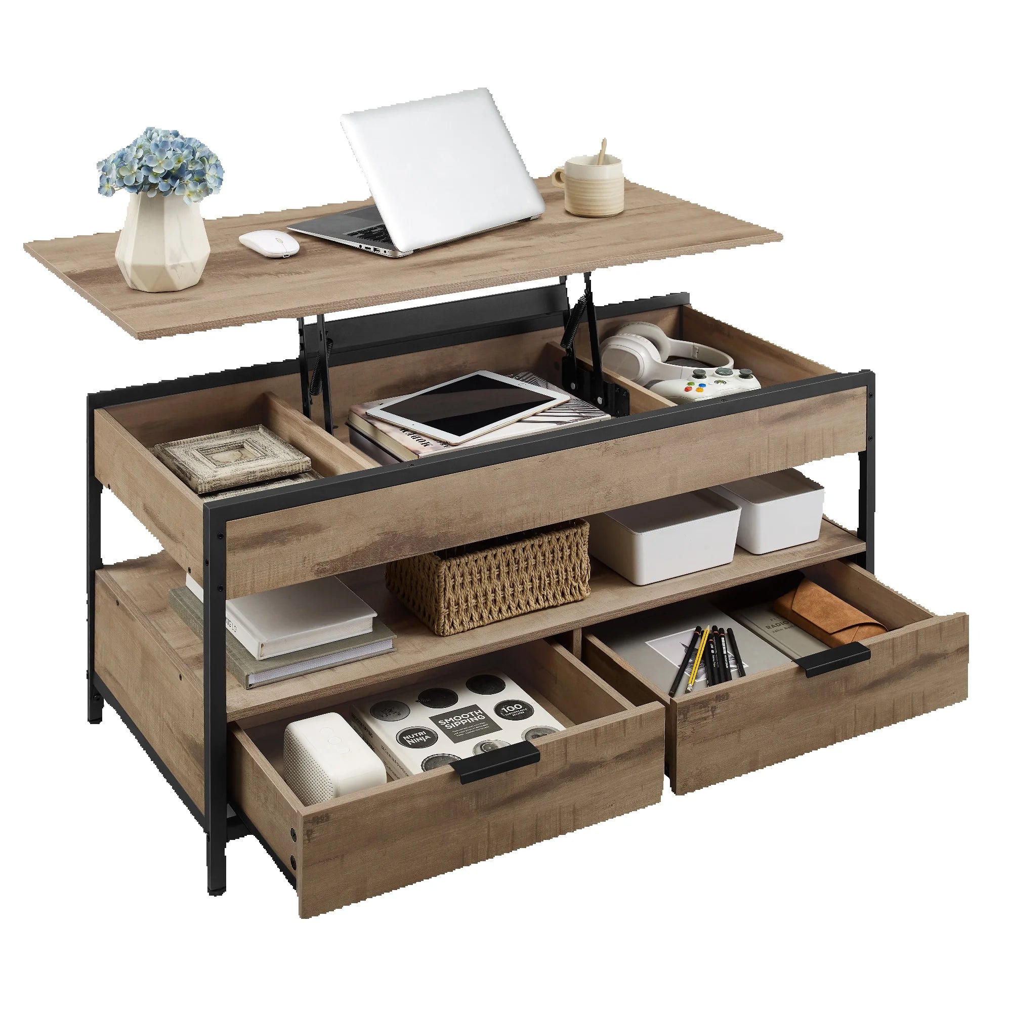 VASAGLE Coffee Table, Height-Adjustable Living Room Table with Drawers and Open Compartment, 50 x 100 x (48-63) cm