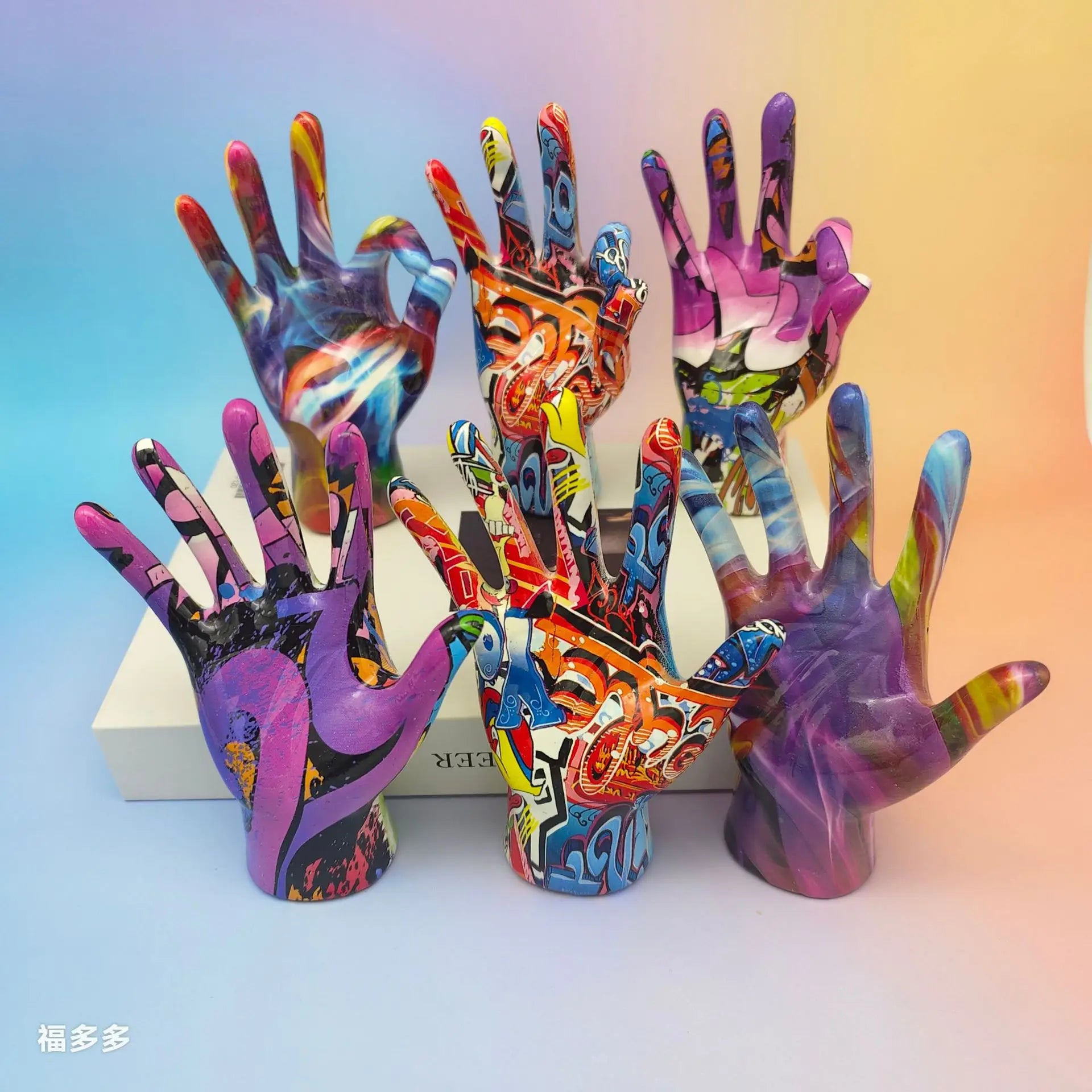 Graffiti Hand Gesture Statue Modern Art Colorful Hand Resin Figurine Finger Model for Home Desktop Office Decor