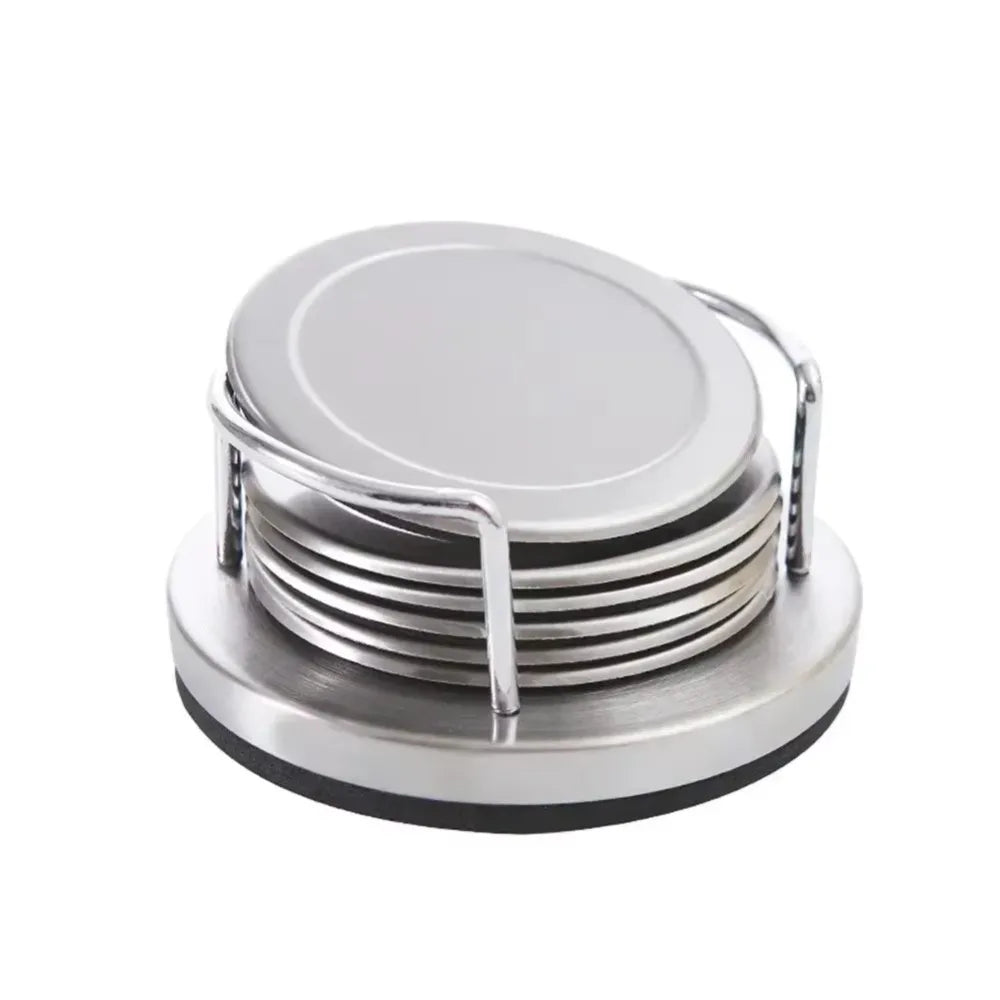 6 Pieces Durable Round Stainless Steel Coaster Silver Non-slip Heat Insulation Mat with Storage Rack Thickened Cup Mat Gift