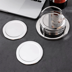 6 Pieces Durable Round Stainless Steel Coaster Silver Non-slip Heat Insulation Mat with Storage Rack Thickened Cup Mat Gift