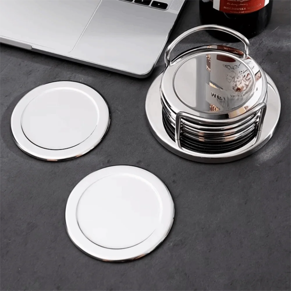 6 Pieces Durable Round Stainless Steel Coaster Silver Non-slip Heat Insulation Mat with Storage Rack Thickened Cup Mat Gift