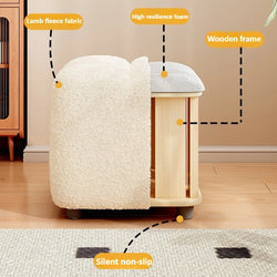 Lambs Wool Small Pouf Stool - Plush Sitting Cushion for Sofa, Living Room & Entryway, Soft Footrest & Shoe Changing Stool