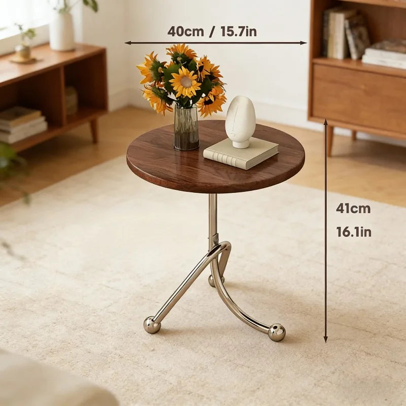 Vintage Round End Table Metal Legs Wooden Side Table Portable Corner Table Furniture for Living Room Bedroom Balcony