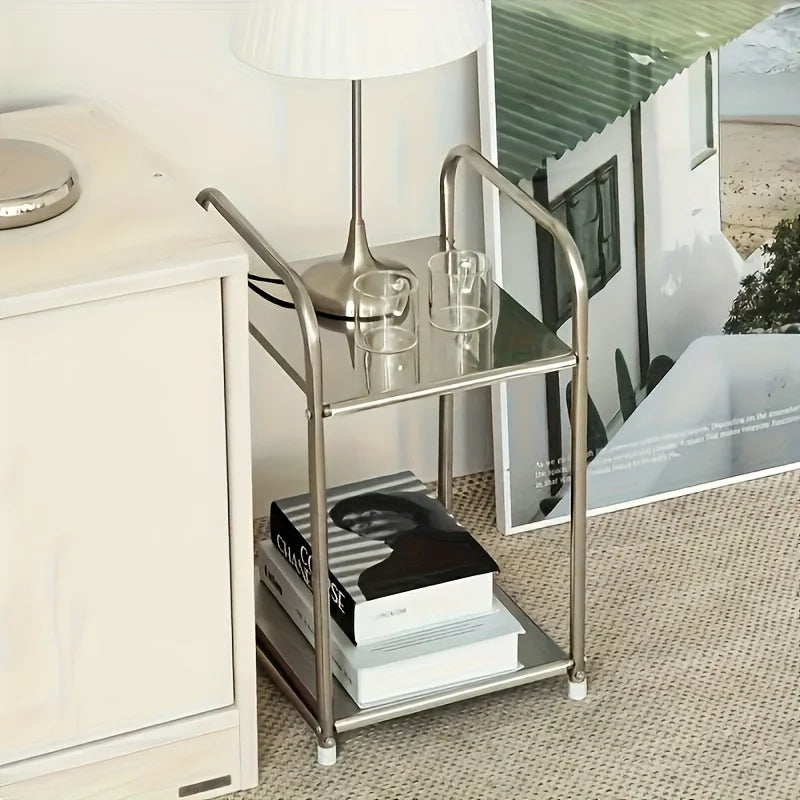 Modern Stainless Steel Side Table, Silver-Colored Bedside Table, Storage Shelf for Sofas and Kitchens, Practical Storage Unit