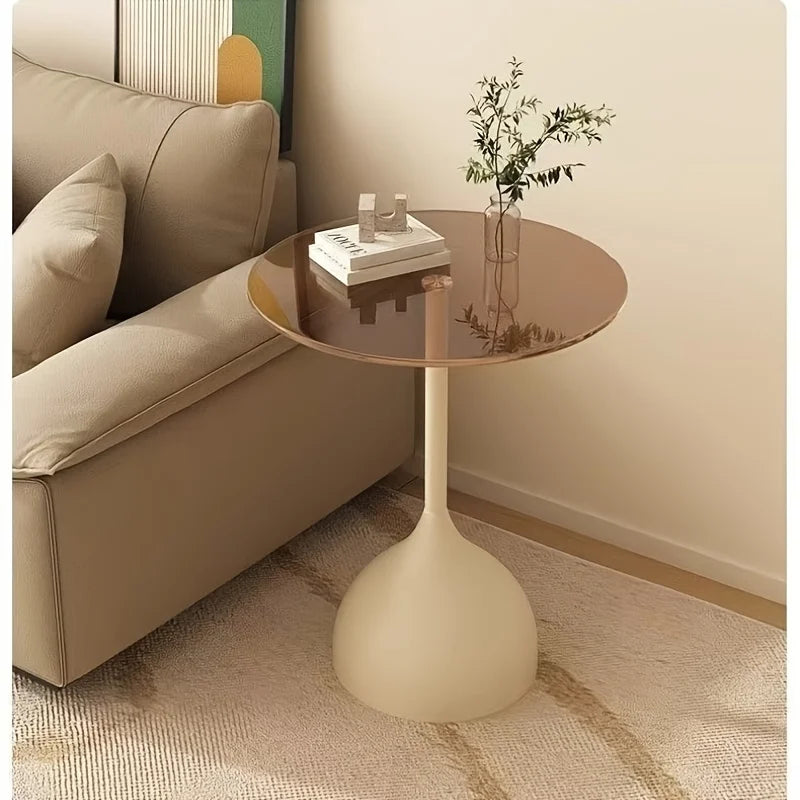 Modern Round Side Table with Tempered Glass Top and Metal Frame - Small Accent Table for Living Room or Bedroom