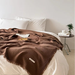 4-Layer 100% Cotton Gauze Blanket - Solid Color Sofa Throw with Tassel Trim, Multipurpose Lightweight Coverlet for Bed, Couch