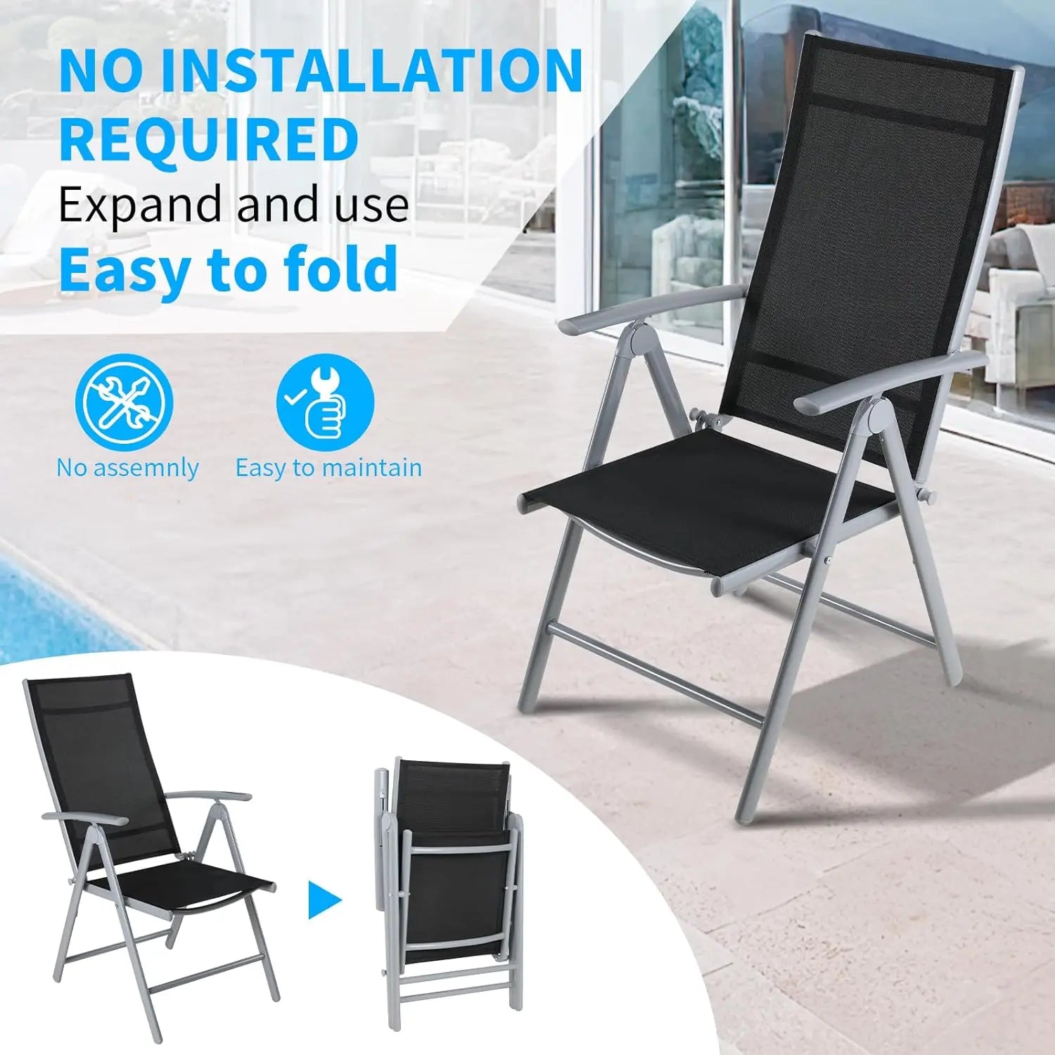 2-Piece Foldable Patio Armchairs, Folding Dining Chairs, Aluminum, Padded Adjustable High Backrest, Lightweight Garden Chair, Load 120 kg