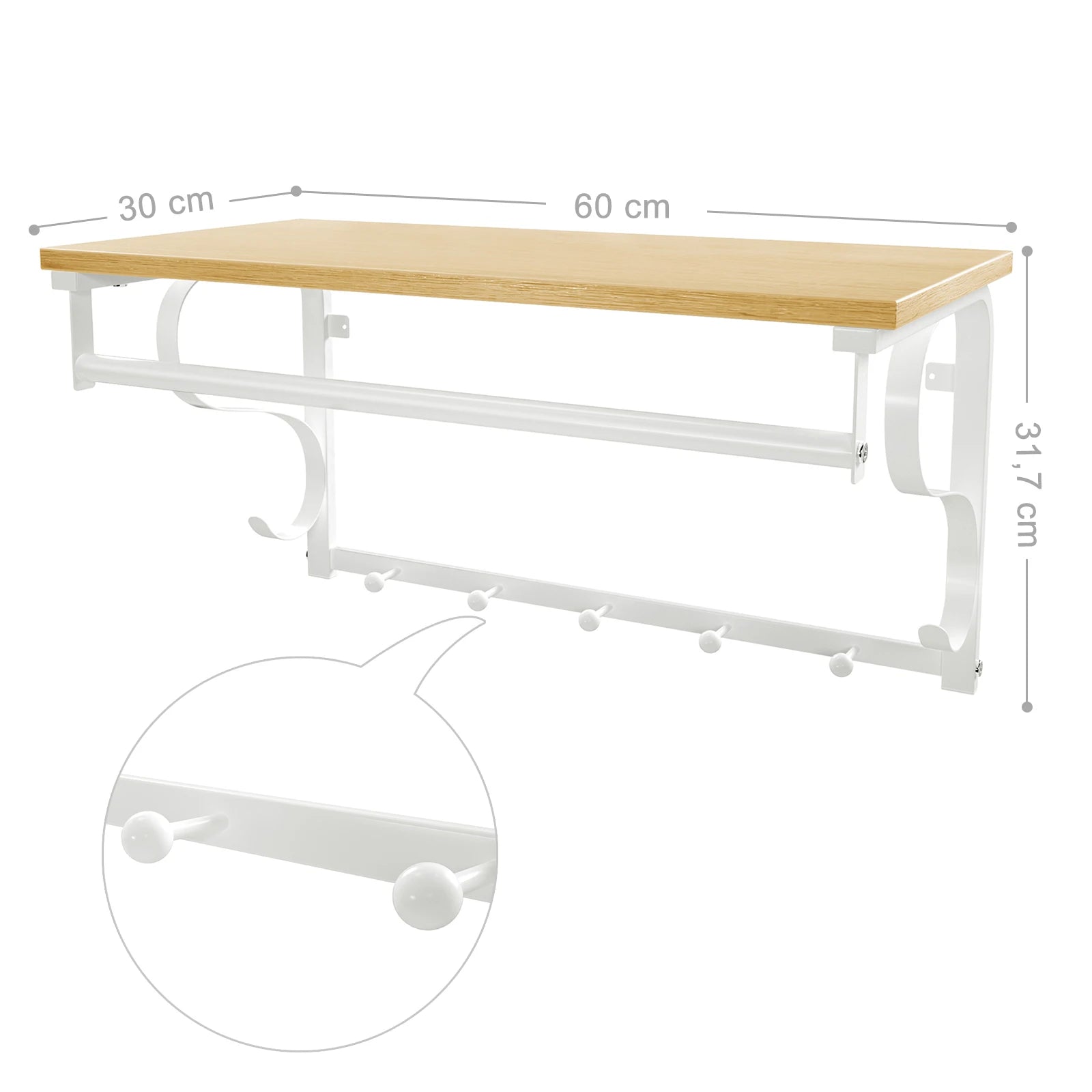Vasagle Wall Coat Rack, Wall Shelf with 5 Hooks, 60 x 30 x 31.7 cm (L x W x H)