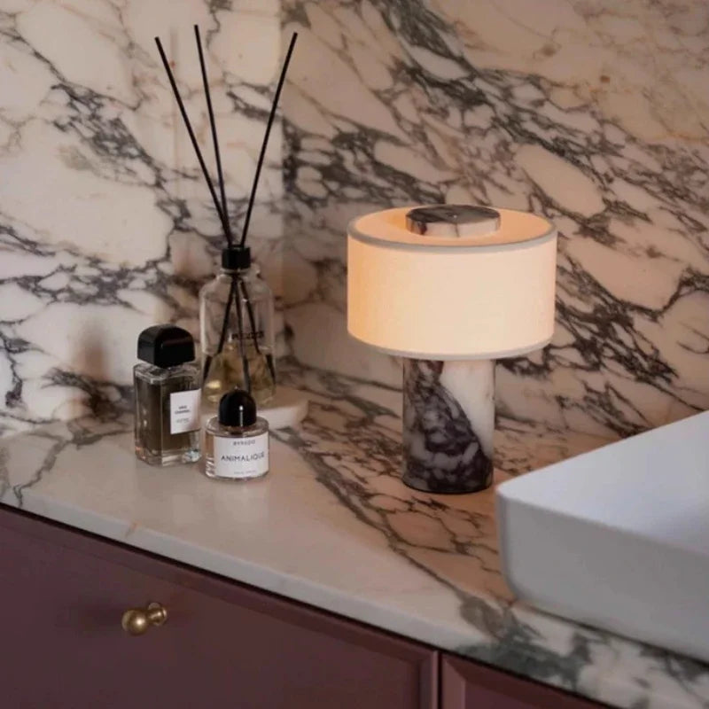 Luxury Beside Lamp Natural Marble Table Lamp Fabric Lampshade Yellow Stone Desk Lamp Living Room Bedroom