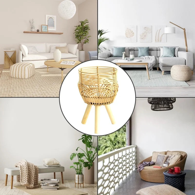 Woven Flower Pot, Faux Rattan Plant Stand, Tall Living Room Floor Shelf, Balcony Bamboo Woven Flower Basket Planter