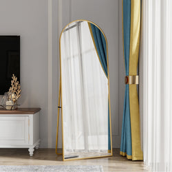 Anajqaqia Full-Length Tempered Glass Mirror, Curved Aluminum Frame, 162 x 53 cm, Adjustable Stand, Gold/Black