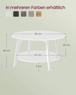 VASAGLE Coffee Table, 2-Tier Living Room Table, ∅ 80 x 45 cm, Easy to Assemble, Snow White