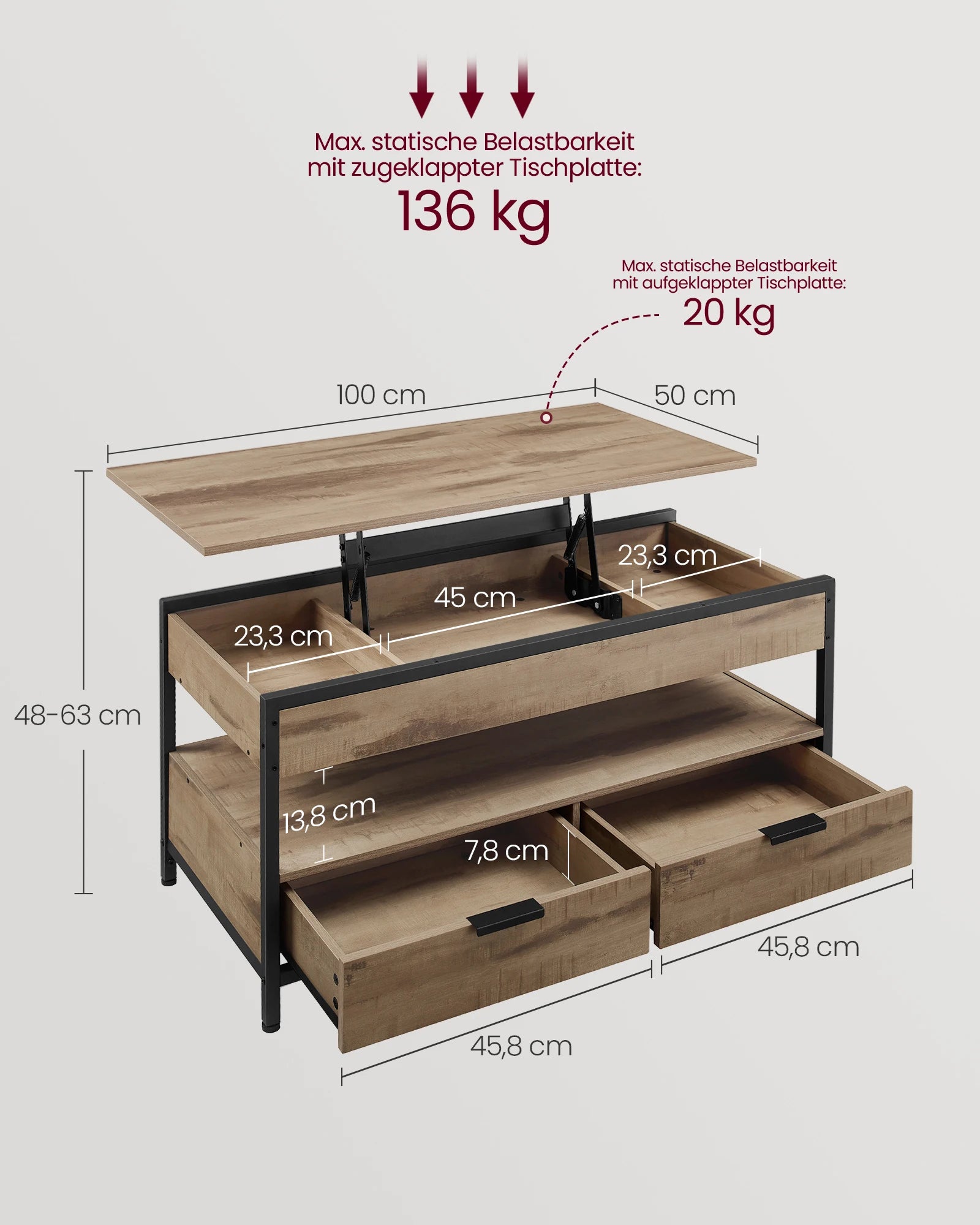 VASAGLE Coffee Table, Height-Adjustable Living Room Table with Drawers and Open Compartment, 50 x 100 x (48-63) cm