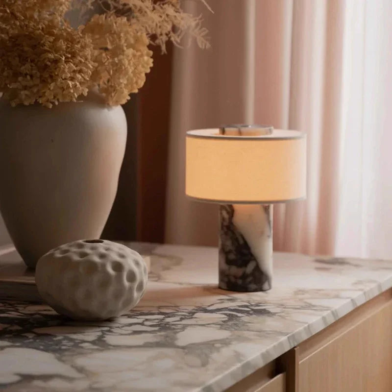 Luxury Beside Lamp Natural Marble Table Lamp Fabric Lampshade Yellow Stone Desk Lamp Living Room Bedroom