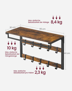 Vasagle Wall Coat Rack with Shelf, Wall Shelf with 10 Removable Hooks and Hangers, Wall-Mounted 2-Tier Coat Rack