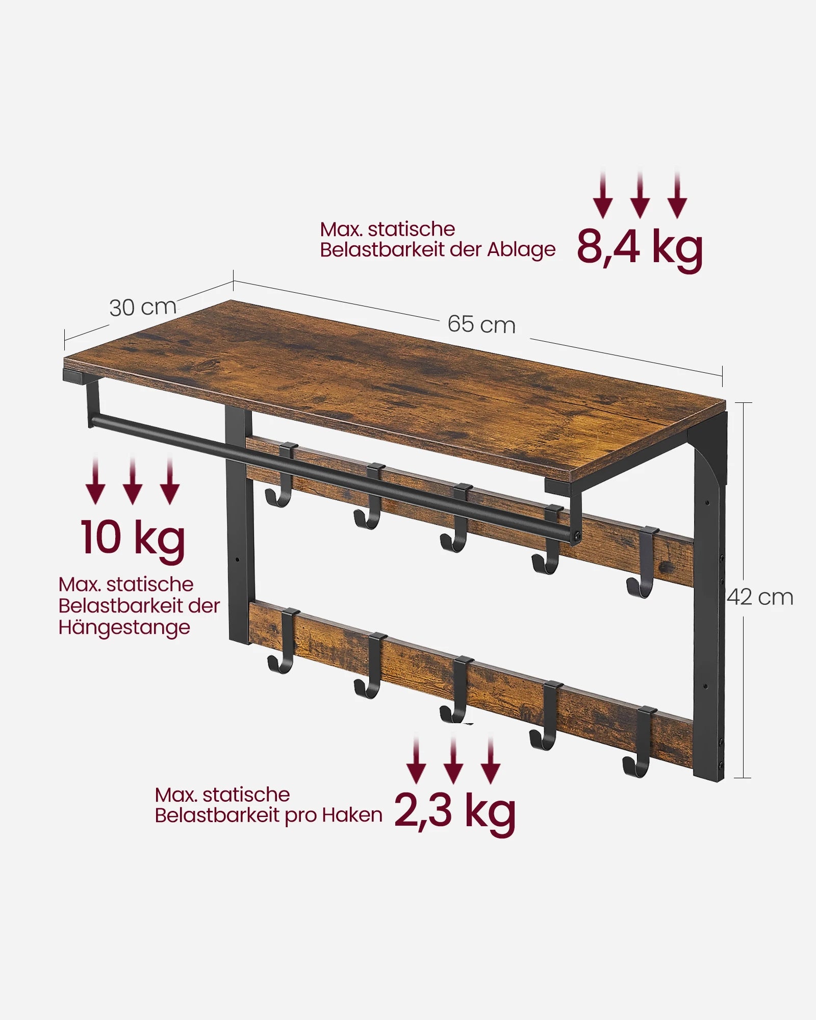 Vasagle Wall Coat Rack with Shelf, Wall Shelf with 10 Removable Hooks and Hangers, Wall-Mounted 2-Tier Coat Rack