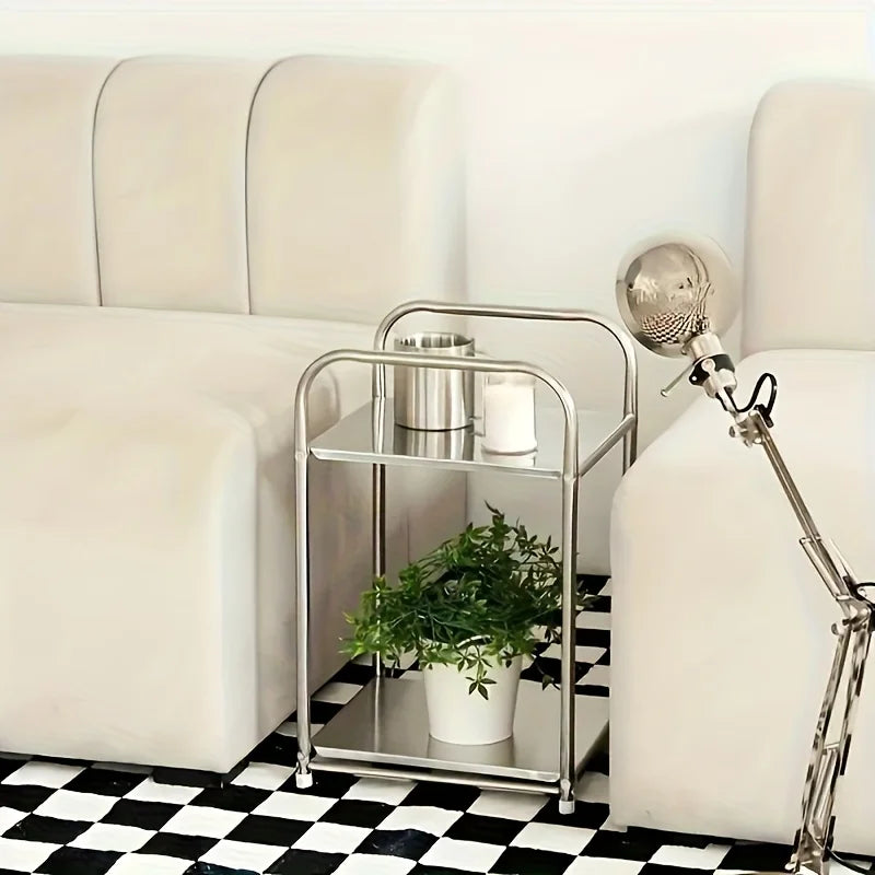 Modern Stainless Steel Side Table, Silver-Colored Bedside Table, Storage Shelf for Sofas and Kitchens, Practical Storage Unit