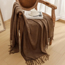 Chinese-Style Knitted Throw for Sofa or Bed, Brown Herringbone Pattern, with Tassels, Thin Summer Blanket