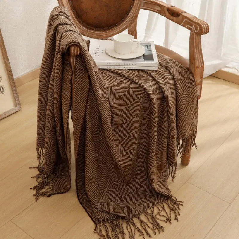 Chinese-Style Knitted Throw for Sofa or Bed, Brown Herringbone Pattern, with Tassels, Thin Summer Blanket