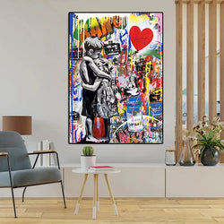 Boy and Girl Hugging Love Romantic Art Graffiti Canvas Painting Banksy Wall Art Prints Poster Artwork for Living Room Home Decor