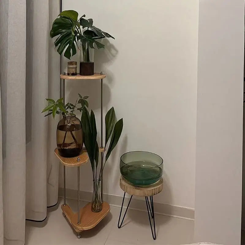 Modern Solid Wood Furniture Plant Stand Adjustable Shelf for Living   Heavy Duty Geometric Design Home Decor