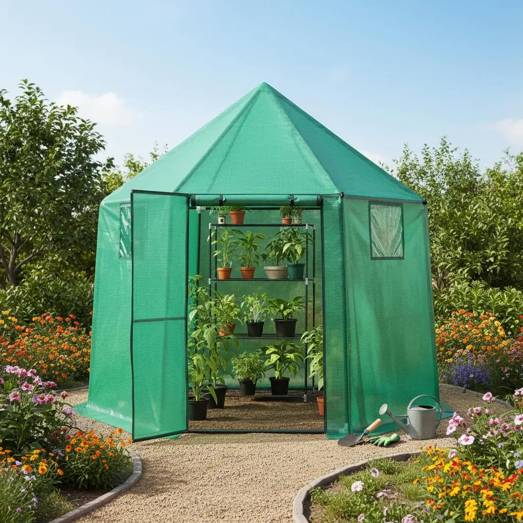 Foldable Mini Greenhouse 198 x 172 x 190 cm, with Zipper Door, Double Mesh Windows, Wind Ropes and Pegs, for Outdoor Garden Plants and Growing