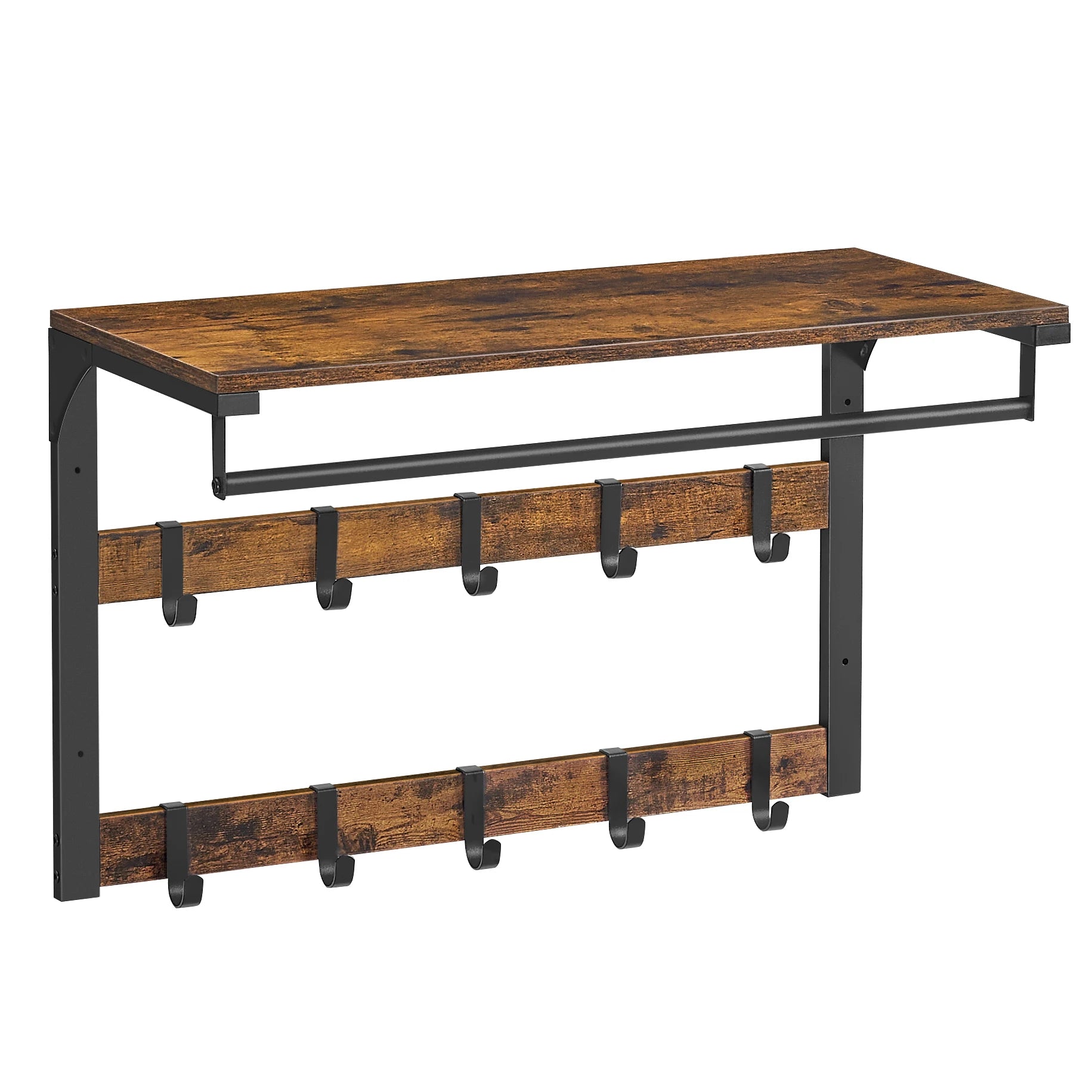 Vasagle Wall Coat Rack with Shelf, Wall Shelf with 10 Removable Hooks and Hangers, Wall-Mounted 2-Tier Coat Rack