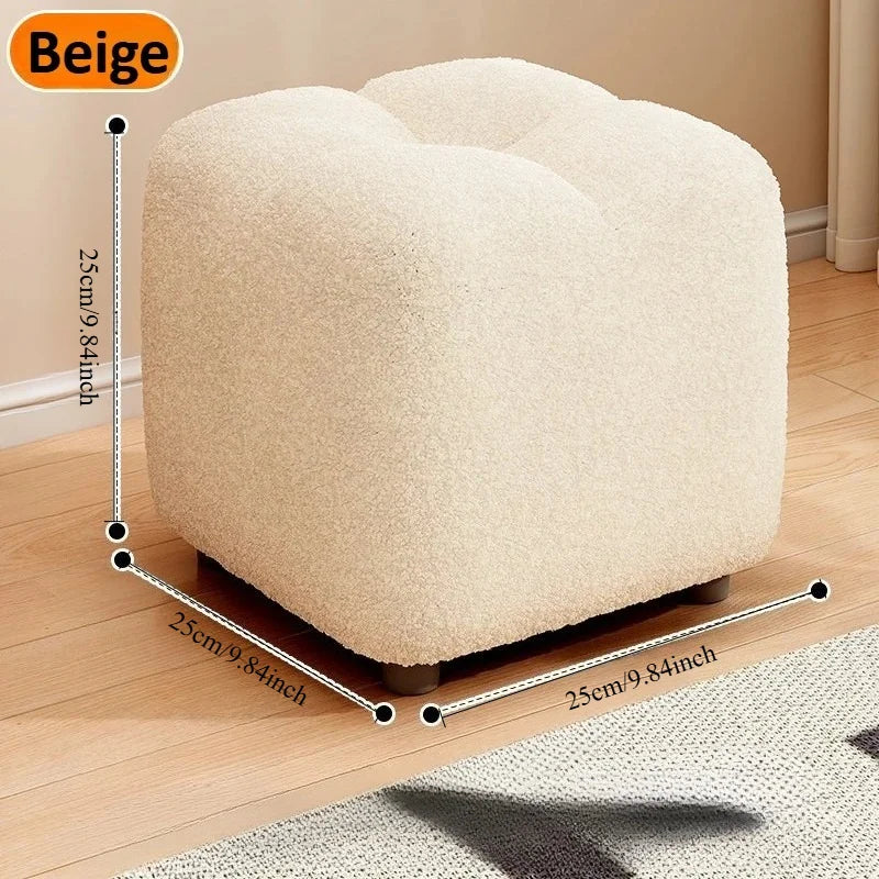Lambs Wool Small Pouf Stool - Plush Sitting Cushion for Sofa, Living Room & Entryway, Soft Footrest & Shoe Changing Stool