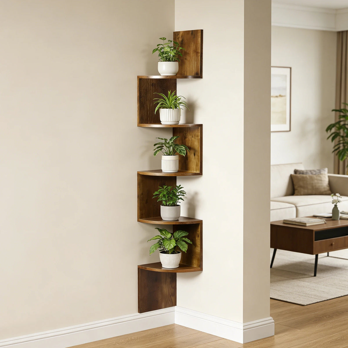 5-Tier Corner Shelf, Wall-Mounted Floating Shelves, Space-Saving Storage for Bedroom, Living Room, Bathroom and Home Office