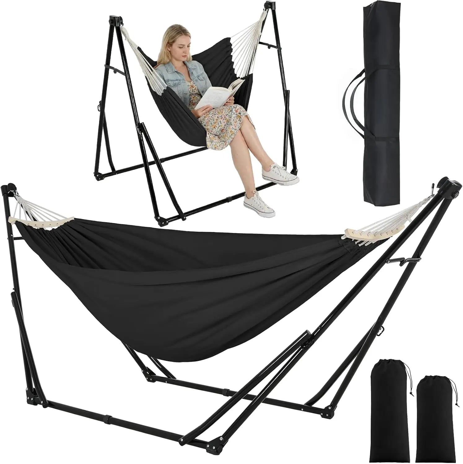 Hammock with Stand, Outdoor Hammock, Foldable, Adjustable, Sturdy, with Carry Bag, Up to 200 kg, for Garden, Balcony, Camping and Indoor Use